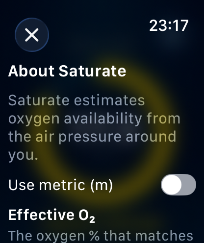 Saturate About screen explaining the readings